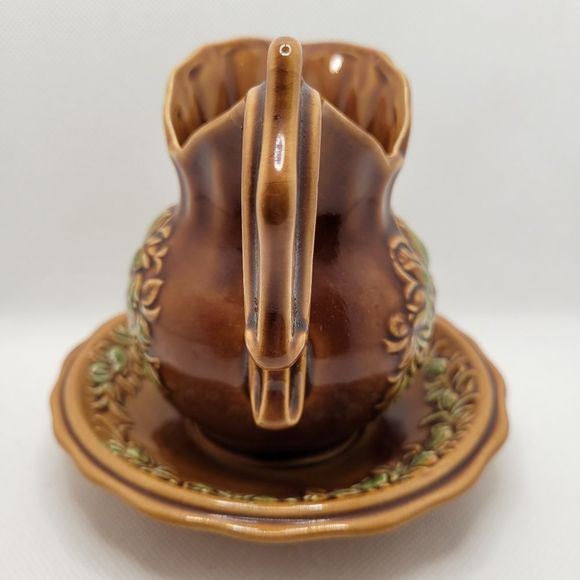 Vintage Japan Pottery Small Water Pitcher and Basin in Brown with Raised Florals - Picture 6 of 12